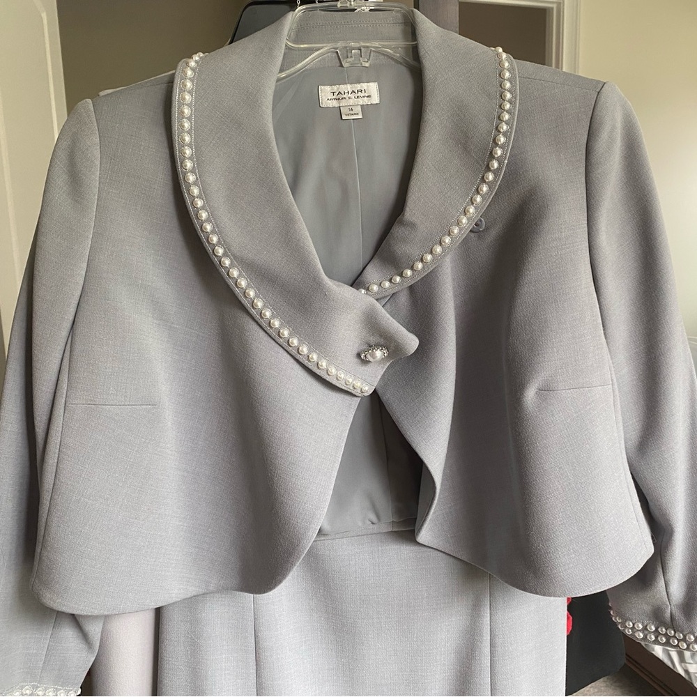 Grey size 14 dress with pearl jacket. Great for office to dinner.